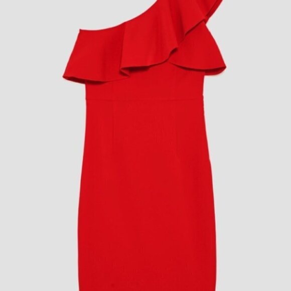 Zara Red Dress-One Shoulder Ruffle Pencil - Picture 2 of 6